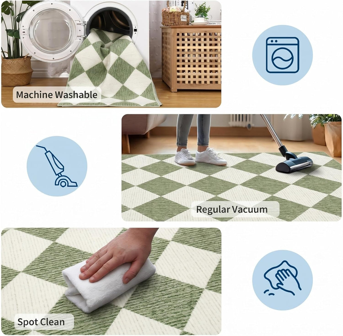 GarveeHome Sage Green Area Rugs 8x10 for Living Room, Checkered Large Washable Rug Soft Non Slip Backing Floor Mat Carpet Indoor Thin Rug for Bedroom Dining Room Playroom Nursery Home Decor