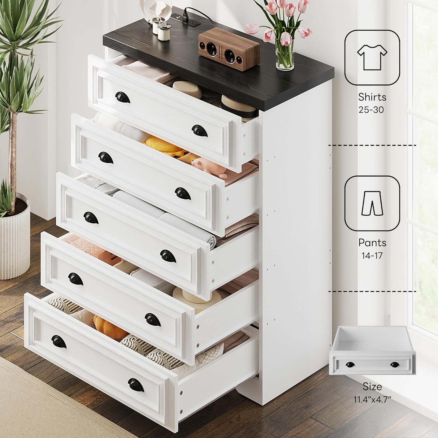 LIKIMIO 5-Drawer 43" Tall Dresser with Built-in Charging Station - Farmhouse Style Bedroom Storage Cabinet, Black &White