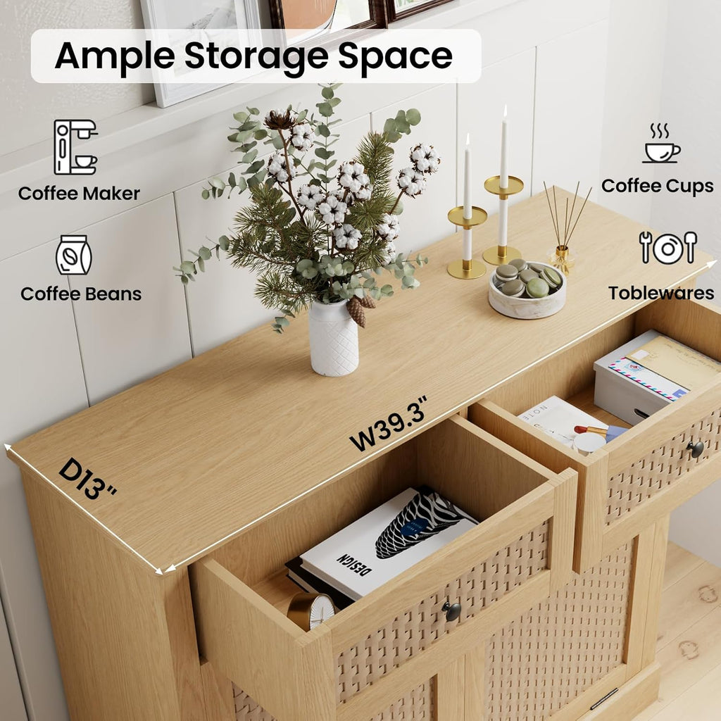 Double Tilt Out Laundry Hamper Cabinet, Rattan-Style Laundry Room Organization with Removable Laundry Basket, Hidden Wood Dirty Clothes Hamper with Drawers, 39" L x 13" W x 35.8" H, Wood
