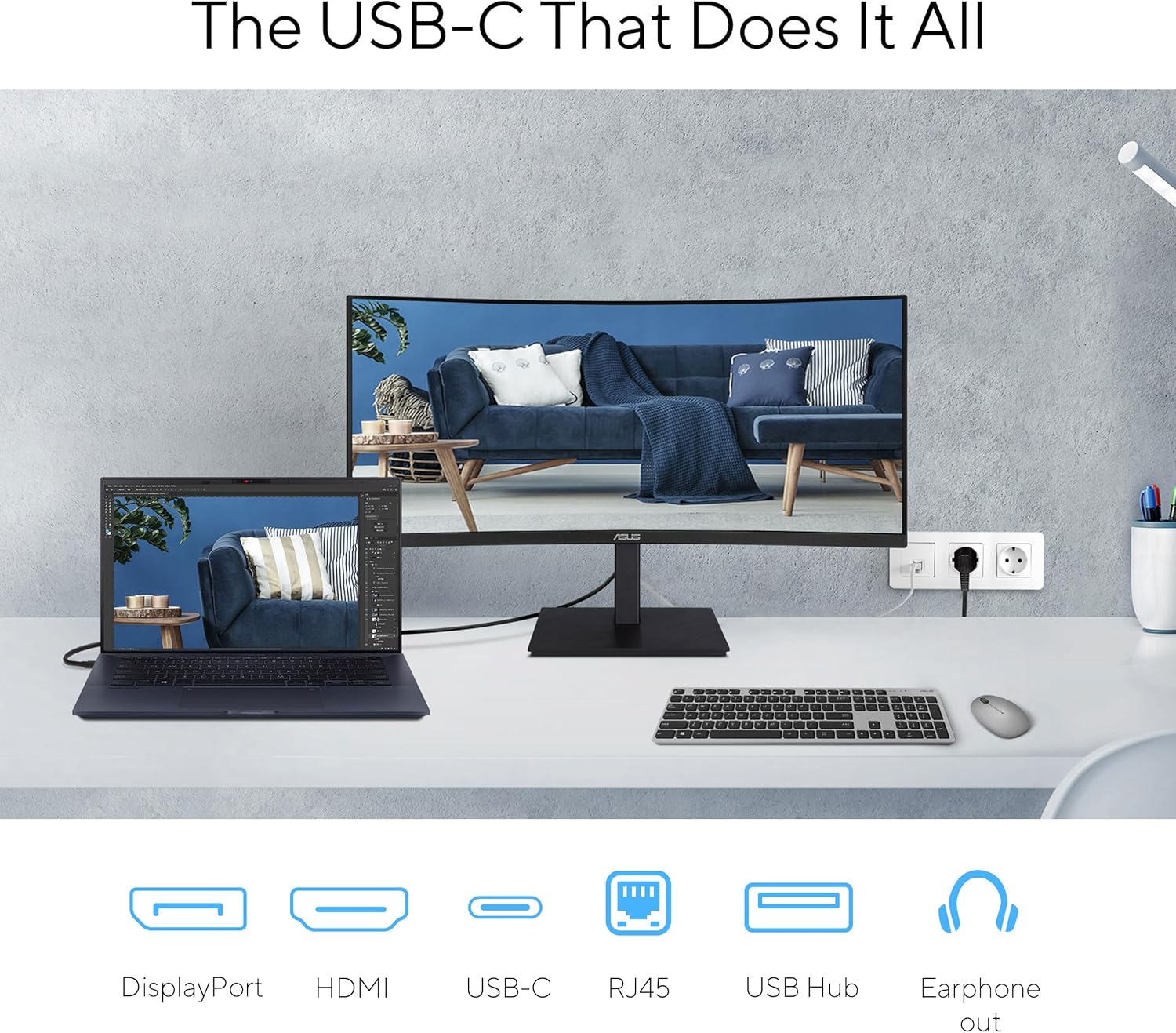ASUS 34” Curved USB-C Docking Monitor (VA34VCPSR) - WQHD (3440x1440), 1500R Curvature, Frameless, USB-C PD 96W, RJ45, USB hub, Eye Care, Ergonomic, VESA Wall Mountable, 3 yr Warranty
