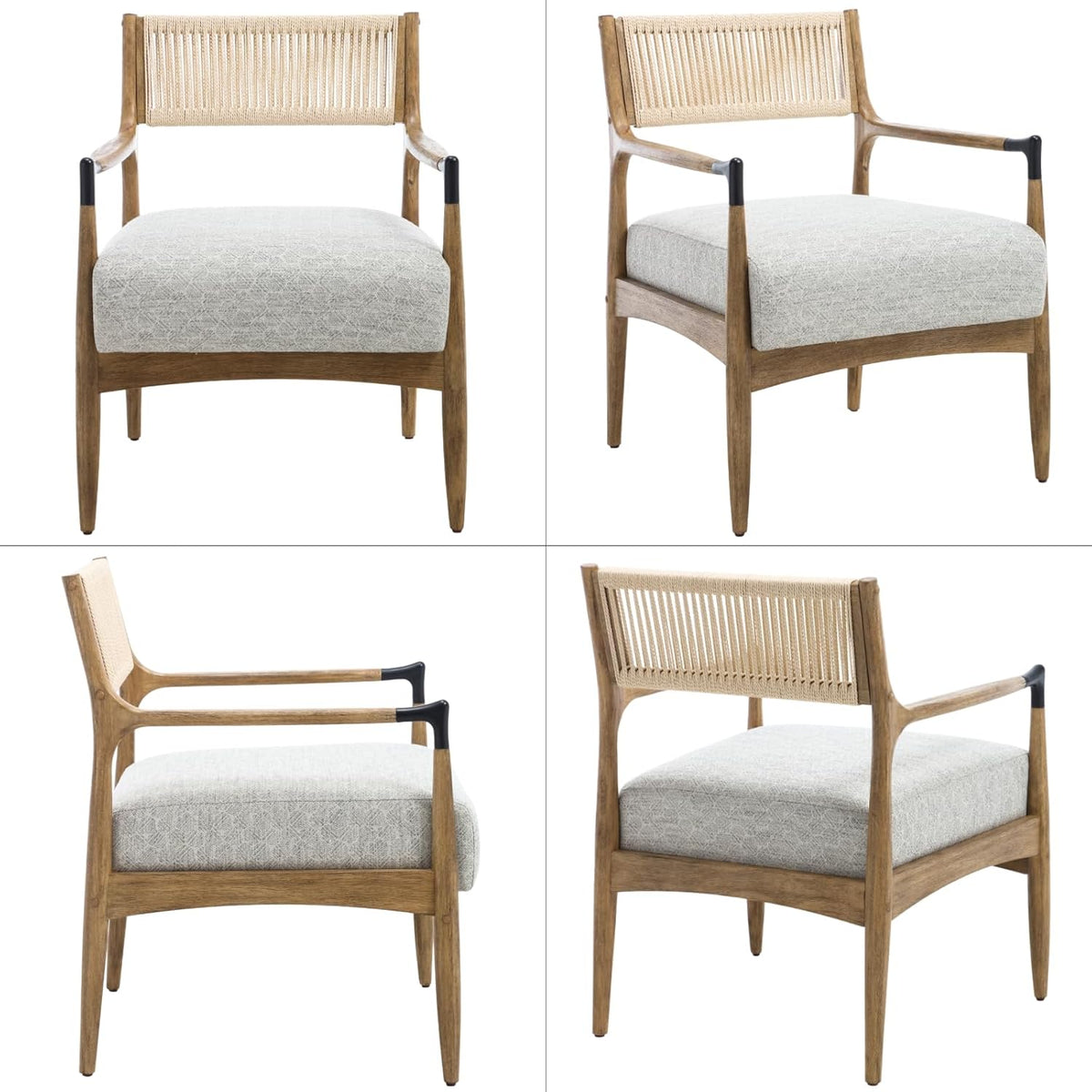 Ya-Home Mid-Century Modern Accent Chairs with Woven Rope Back, Upholstered Linen Fabric Armchairs with Solid Wood Frame for Living Room Bedroom, 2PCS, Patterned