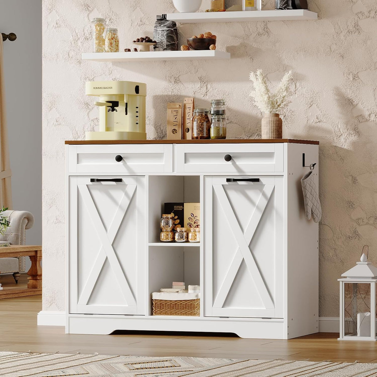 HOOBRO Double Tilt Out Laundry Hamper Cabinet, 23 Gallon Farmhouse Trash Can Cabinet with 2 Drawers and Open Shelving, Wooden Hidden Laundry Hamper, for Bathroom, Kitchen, White and Walnut WH11XY01