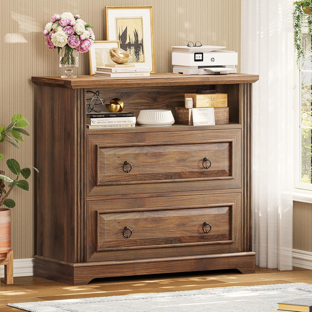 Itaar 2 Drawer File Cabinet, Farmhouse Filing Cabinet for Home Office Fits Letter, Legal, A4 Size, Wood Lateral File Cabinet with Printer Stand, Storage Shelf, Brown