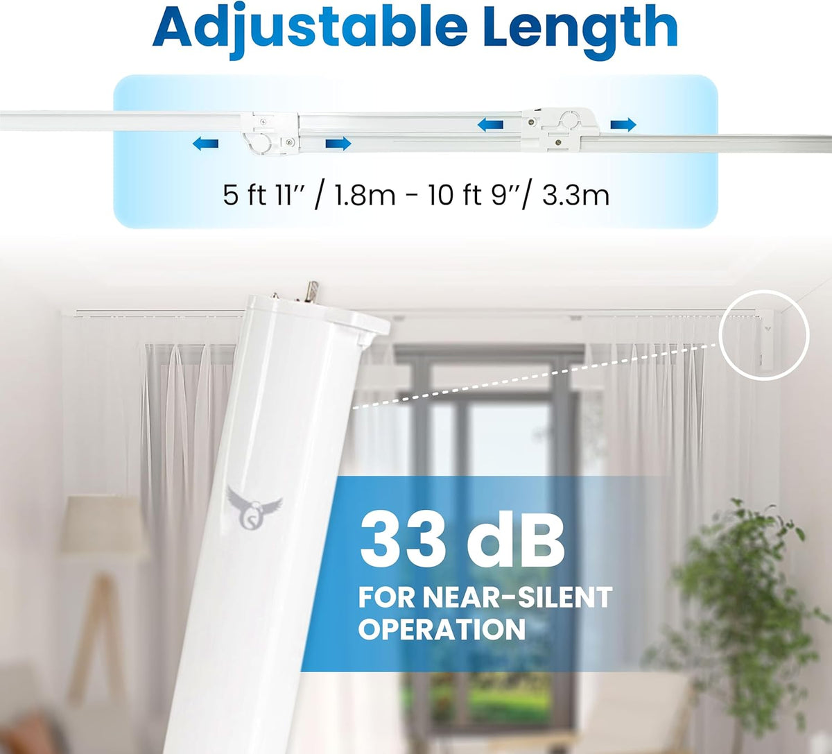 Osprey.Life Smart Motorized Curtain Track, 71-130in, No-Cut Adjustable Electric Rail, ~33dB Quiet Motor, Remote & App Control, Alexa, Google Assistant & Siri, Ceiling/Wall Mount (Center Opening)