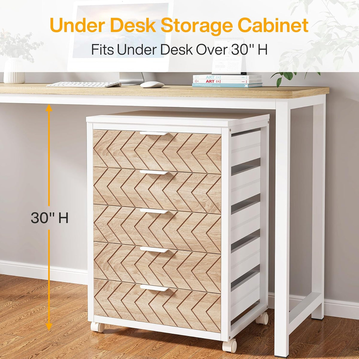Tribesigns 5-Drawer File Cabinet, Wood Mobile Storage Drawer Unit, Industrial Office Cabinet with Drawers & Wheels, Rolling Printer Stand for Home Office, Beige & White