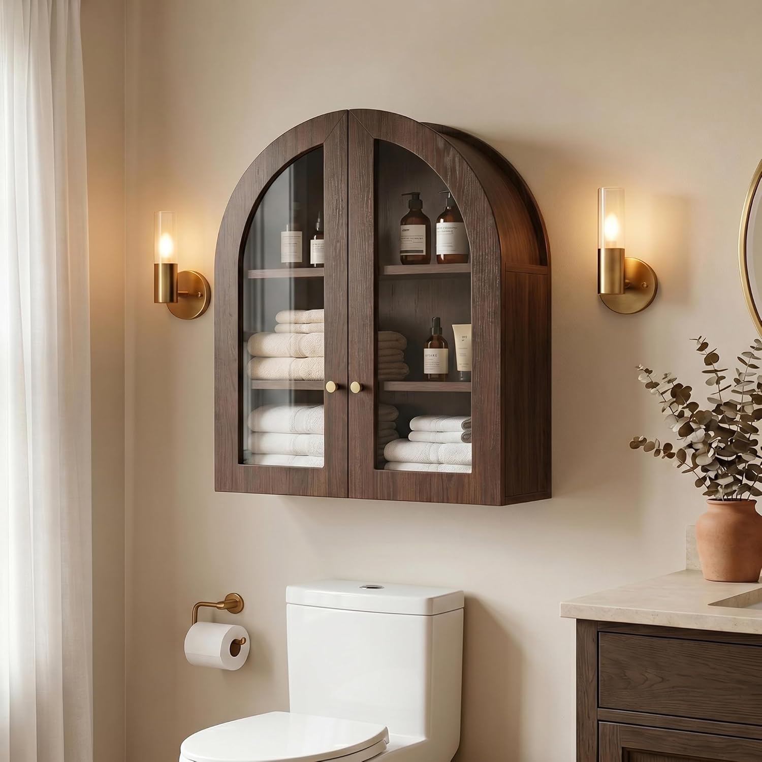 Arched Wall Cabinet, Bathroom Cabinet Wall Mount with Glass Doors & Adjustable Shelf, Floating Medicine Cabinet for Bathroom, Kitchen, Living Room Storage, Walnut
