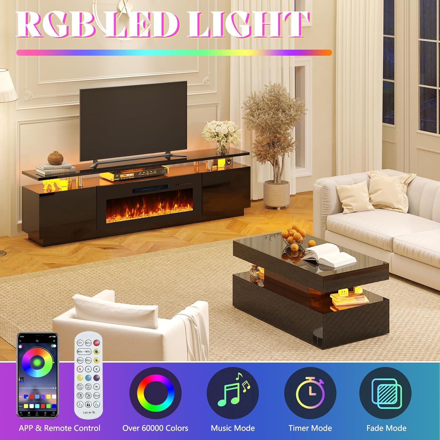 AMERLIFE 3 Piece Modern Living Room Table Set, Includes 80" High Gloss Fireplace TV Stand, 2-Tier Coffee Table, LED Lights Entertainment Center Set for Living Room, Black