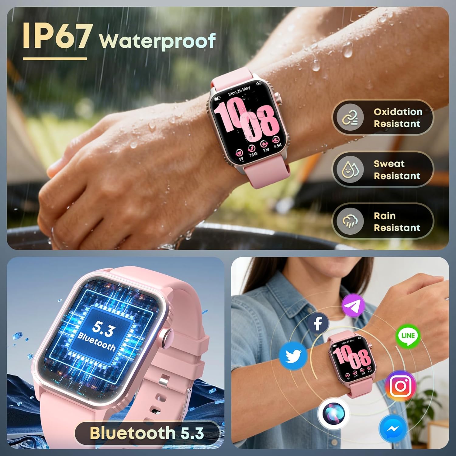 Smart Watches for Women Men, 120 Sports Modes Smartwatch with 1.83 inches HD Display, Heart Rate/Sleep Monitor, IP67 Waterproof, Bluetooth Call & Music Control for iPhone/Android (Pink)