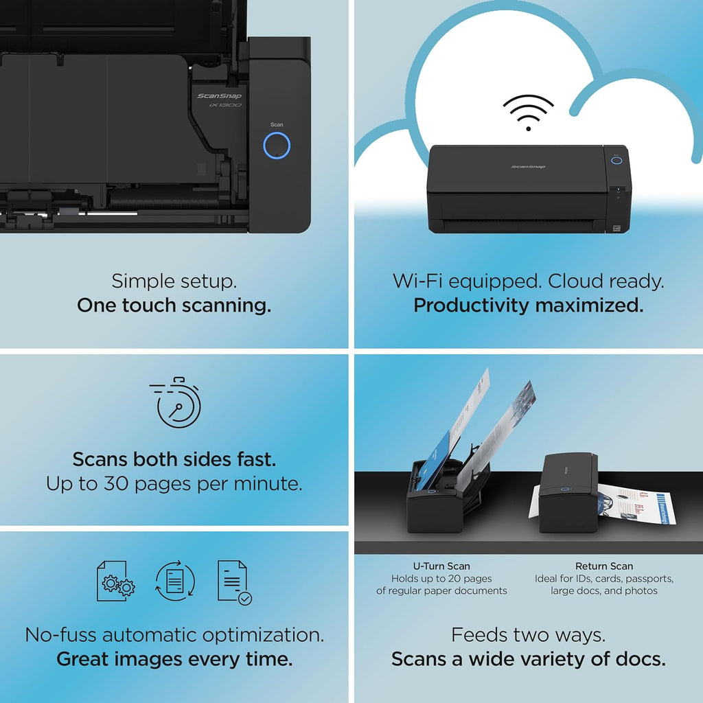 ScanSnap iX1300 Compact Wireless or USB Double-Sided Color Document, Photo & Receipt Scanner with Auto Document Feeder and Manual Feeder for Mac or PC, Black