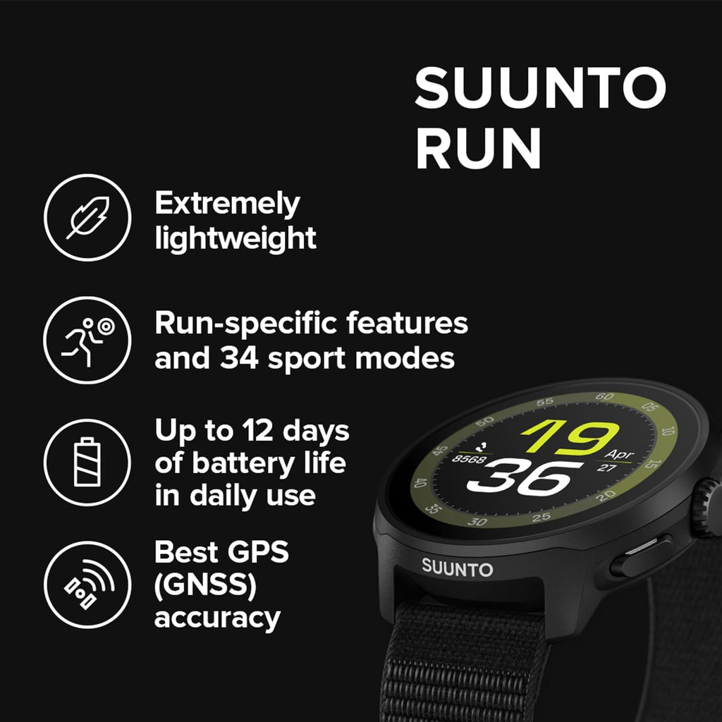 SUUNTO Run Sports Watch, 1.32" AMOLED Touchscreen w/Crown Button, 12D Battery Life, Dualband Accurate GPS, Wrist Heart-Rate & Sleep Health Tracking, 35g Lightweight & 4GB Offline Music, All Black