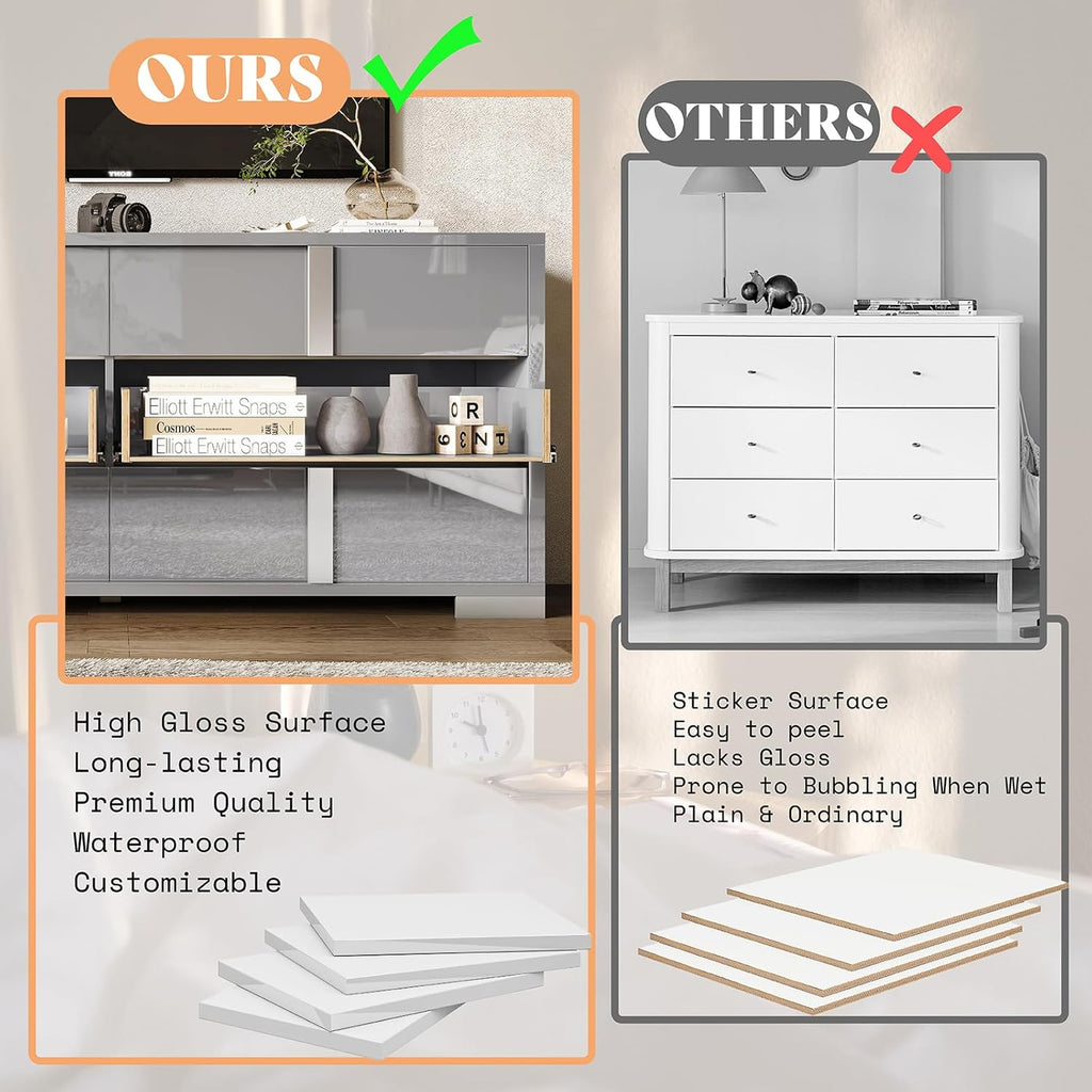 AMERLIFE 54" W High Gloss 6 Drawers Dressers with Silver Grooved Handles, Modern Storage Chest of Drawers with Wide Tabletop, for Bedroom/Dressing Room/Living Room, Grey