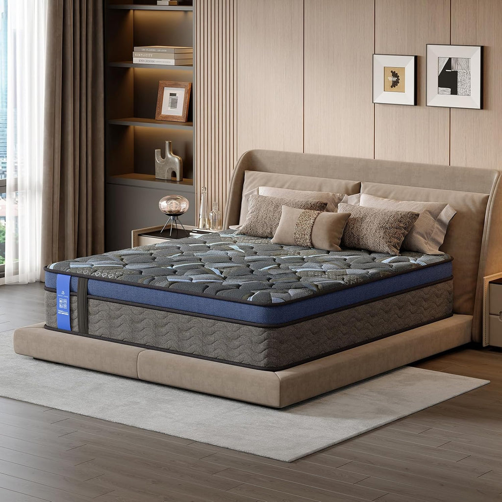 12 Inch Queen Plush Hybrid Mattress, Gel Memory Foam & Pocket Springs, Pressure Relief & Zoned Support, Medium Firm, CertiPUR-US (Grayish Blue, Queen (U.S. Standard), 12, 12, Inches)