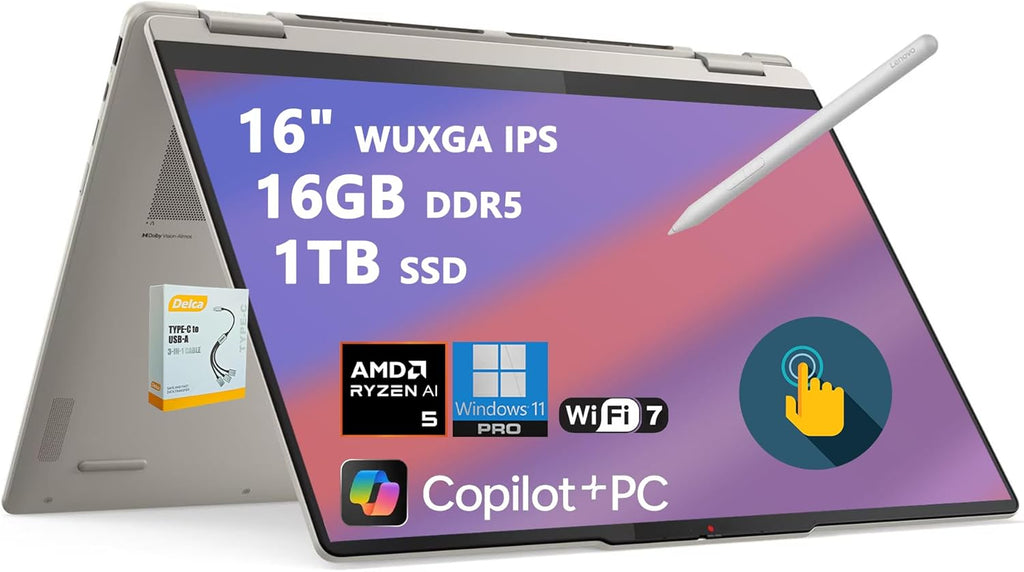 Lenovo Yoga 7 2-in-1 AI PC Laptop | 16" WUXGA IPS Touch | AMD Ryzen AI 5 340 (Up to 50 Tops) | 16GB DDR5 1TB SSD | for Creator Business Professional Wi-Fi 7 Stylus Win11 Pro w/DLCA Accessory