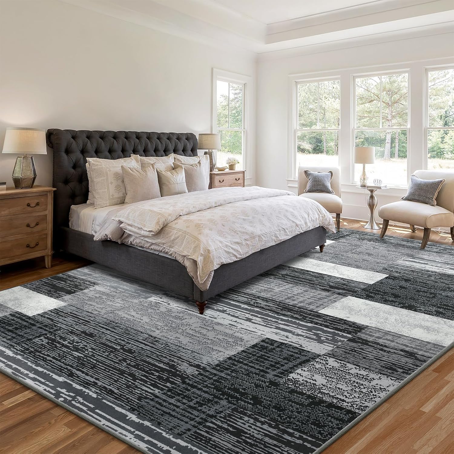Large Area Rugs,Modern Geometric Patchwork Floor Decor for Bedroom Aesthetic Carpet, Rockwood Collection, Indoor Rugs for Living Room, Dining Room, Nursery, Office, Machine Washable Rug,9x12 Ft Grey