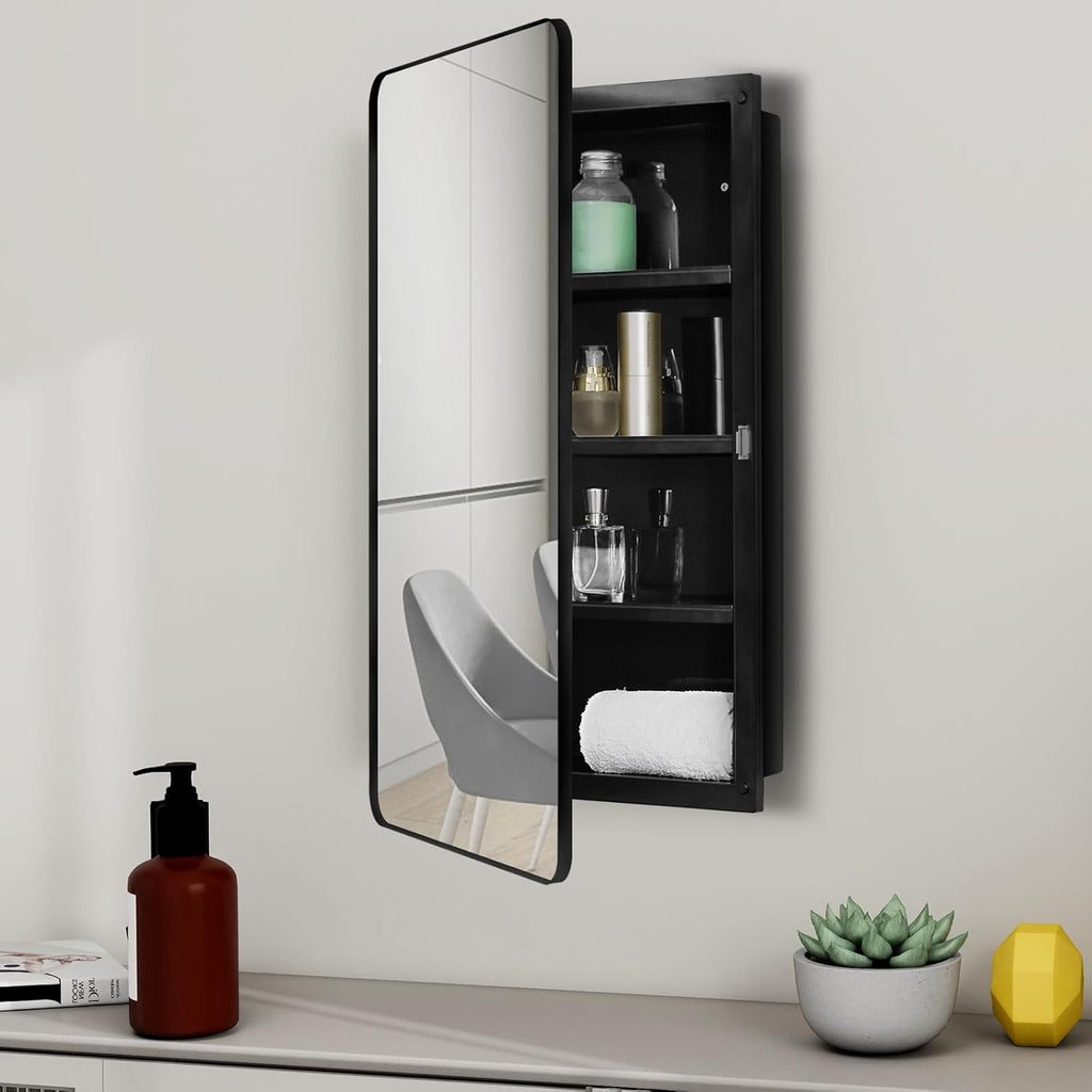 Fundin Black Plastic Medicine Cabinet, Mirror Door with Round Corner Metal Frame, Recessed and Surface Mount Bathroom Wall Medicine Cabinet, 16 x 28 inch Mirror Size