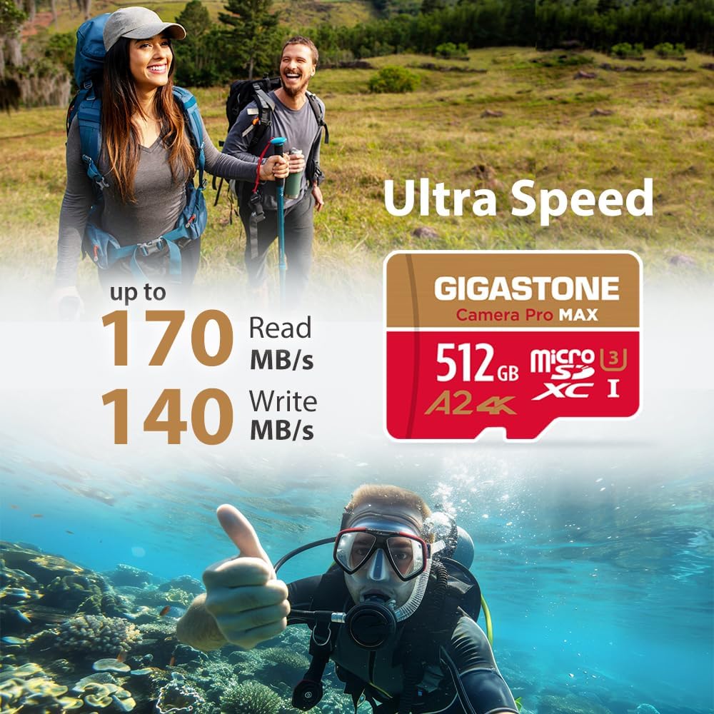 【5-Years Data Recovery】 GIGASTONE 512GB Micro SD Card, 4K Camera Pro MAX, Compatible with Gopro, Dash Cam, DJI, Drone, Security Camera, Speed Up to 170MB/s, UHS-I A2 4K U3 C10, with Adapter