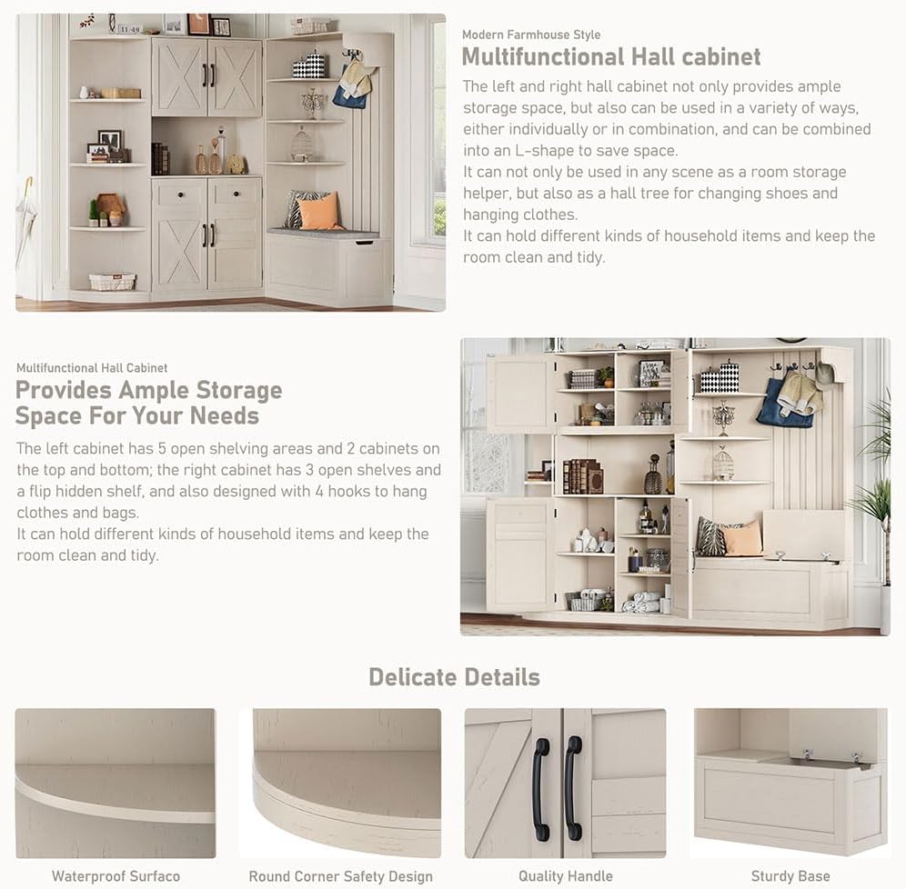 79" Multifunctional Hall Cabinet with Hooks & Storage, Left-Right Combination Entryway Organizer with Bench, 5 Cabinets, 8 Shelves, Space-Saving Mudroom Coat Rack Cabinet,Beige