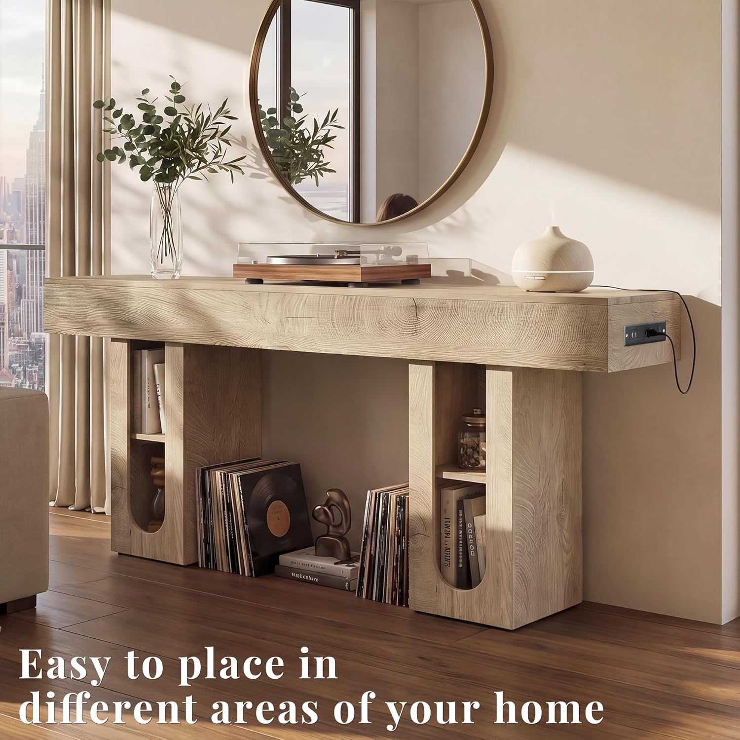 63 Inch Long Console Table with Outlet, Entryway Table with Storage Shelves, Thick Heavy Duty High Density MDF Farmhouse Sofa Table for Hallway Behind Couch,Living Room（Natural）