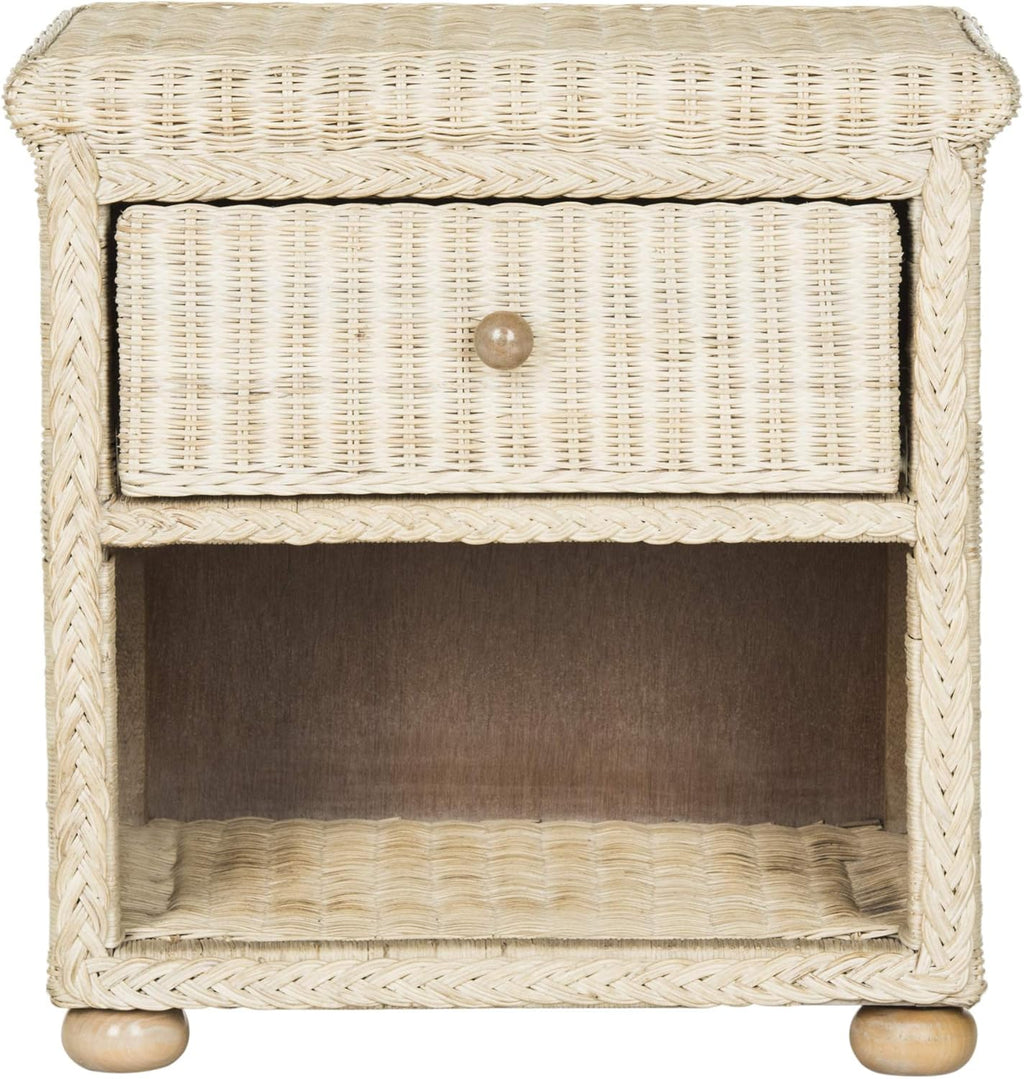 SAFAVIEH Home Collection - Adira Natural White Wash Wicker 1-Drawer Nightstand Accent Table, Coastal Boho Bedroom Storage Furniture with Shelf, 22.1"W x 16.5"D x 22.1"H (SEA8002A)