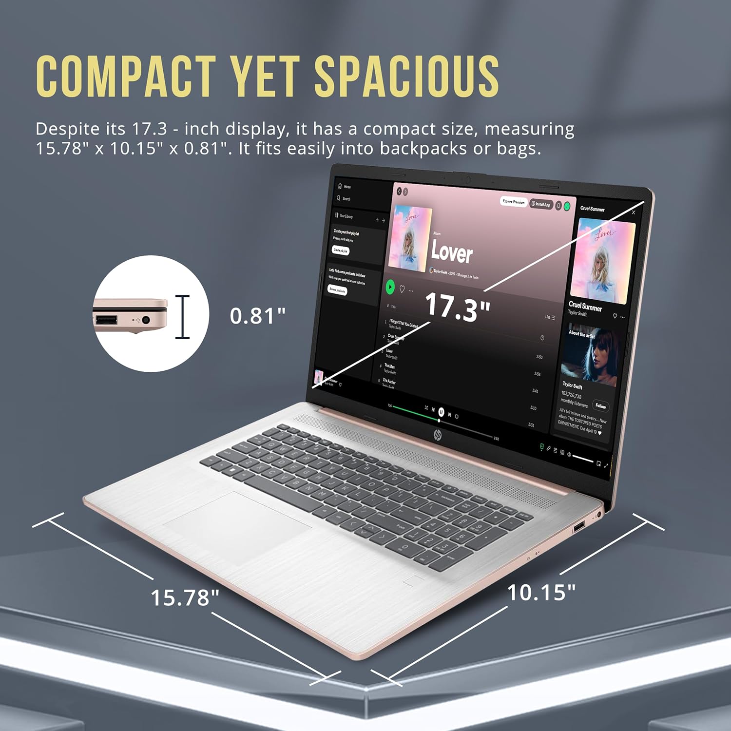 HP 17.3" HD+ BrightView Laptop, Intel Celeron N4120, 32GB RAM, 1TB SSD, Intel UHD Graphics, Numeric Keypad, HD Webcam, Wi-Fi, Windows 11 Home, Rose Gold (Renewed)