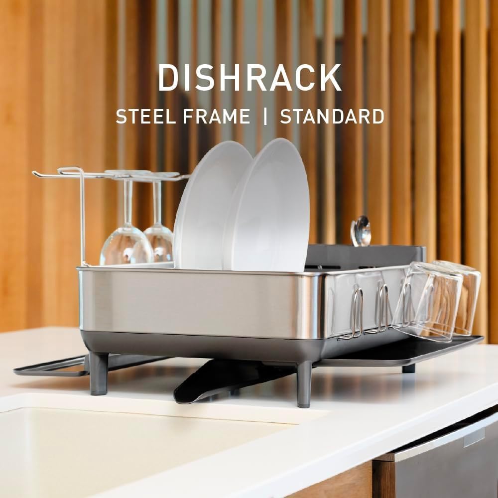 simplehuman Steel Frame Dishrack, Large Capacity Dish Drying Rack, 360º Easy Drain Swivel Spout, Utensil & Wine Glass Holder, Anti-Residue Coating, Moisture Control Surface, Brushed Stainless Steel