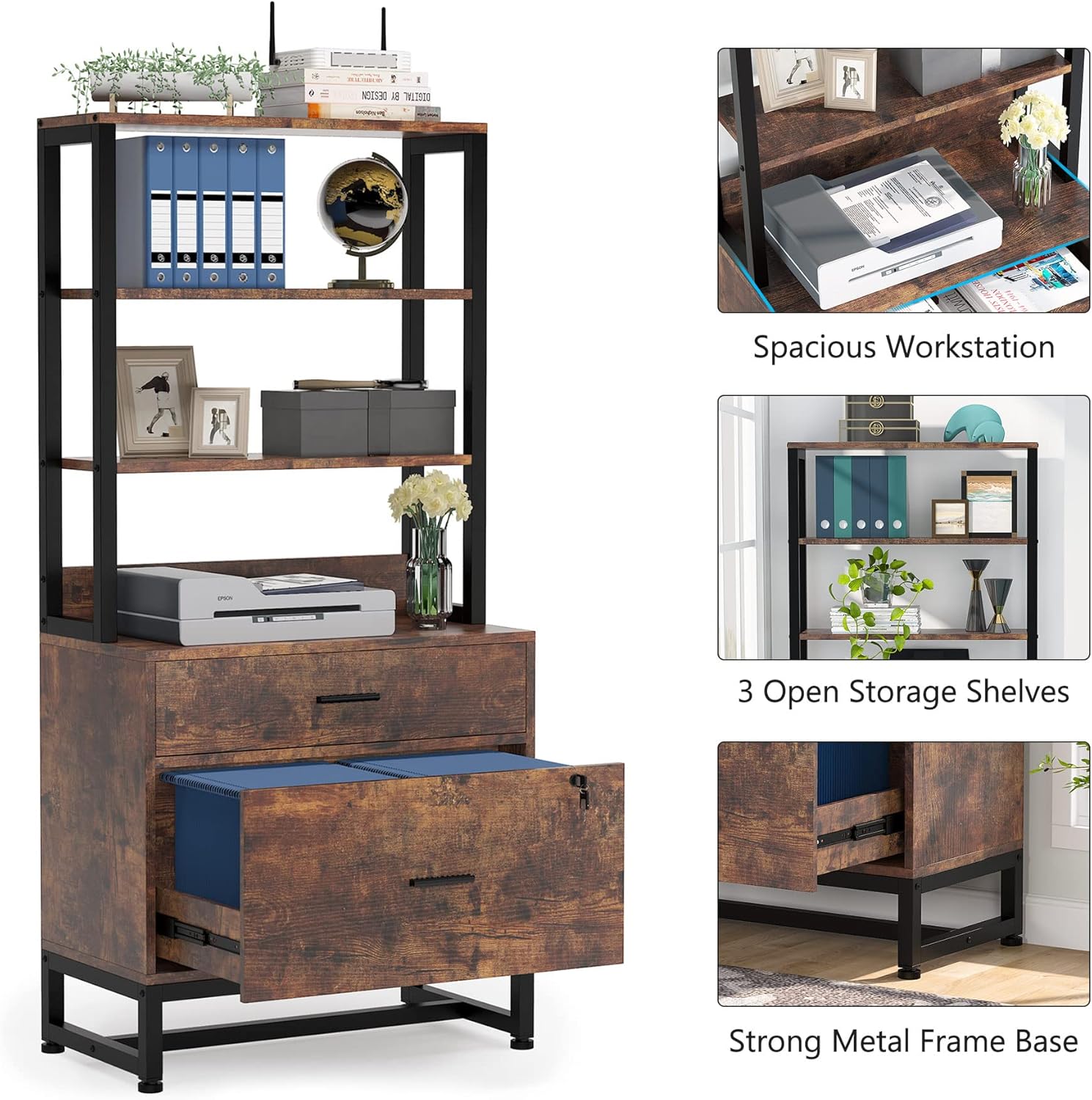 Tribesigns 2 Drawer Lateral File Cabinet with Lock, Letter Size Large Modern Filing Cabinet Printer Stand with Open Storage Shelves for Home Office, Dark Brown