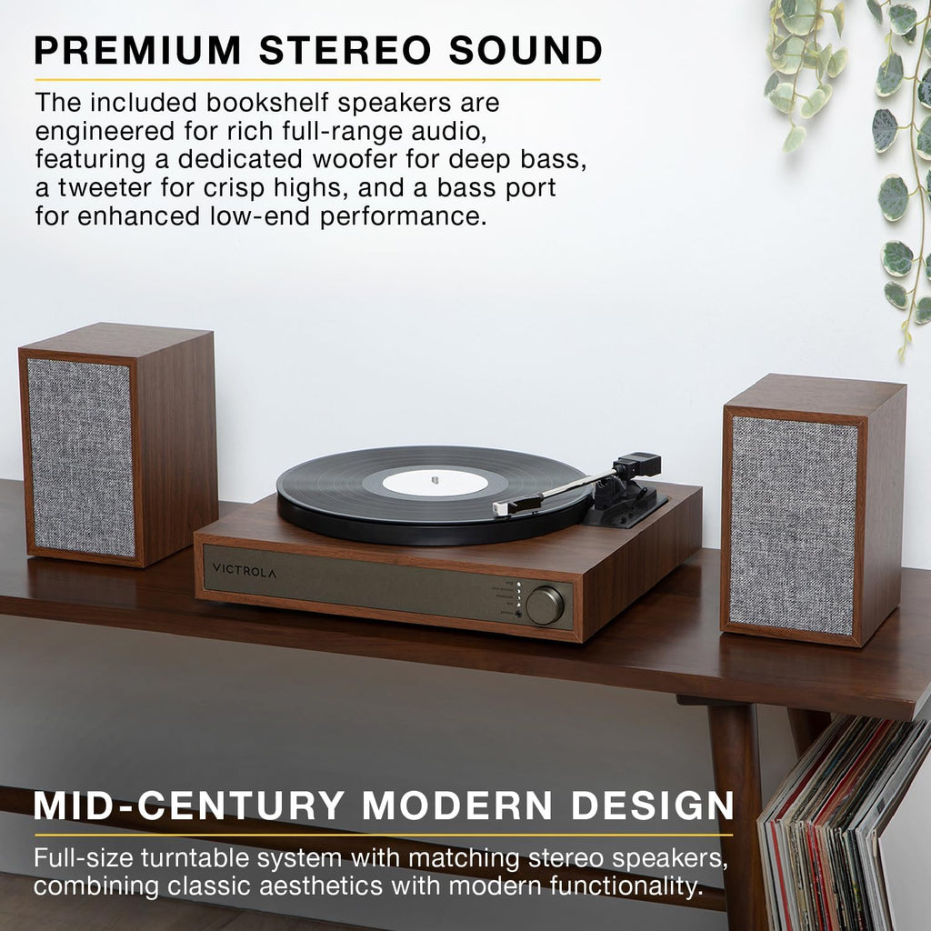 Victrola Harmony – Bluetooth Turntable System– 3-Speed Vinyl Record Player, Stereo Bookshelf Speakers, Mid-Century Modern Design, Audio Technica ATN3600L, Bluetooth Input and Output (Black)