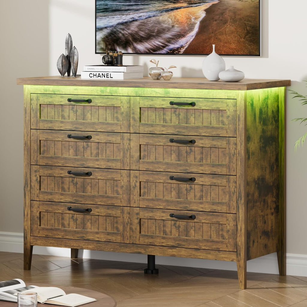 Garvee Rustic Brown Dresser for Bedroom, 8 Drawer Dresser with LED Lights and Power Outlet, Closet Dressers Chests of Drawers, Double Wooden Dressers for Entryway, Hallway