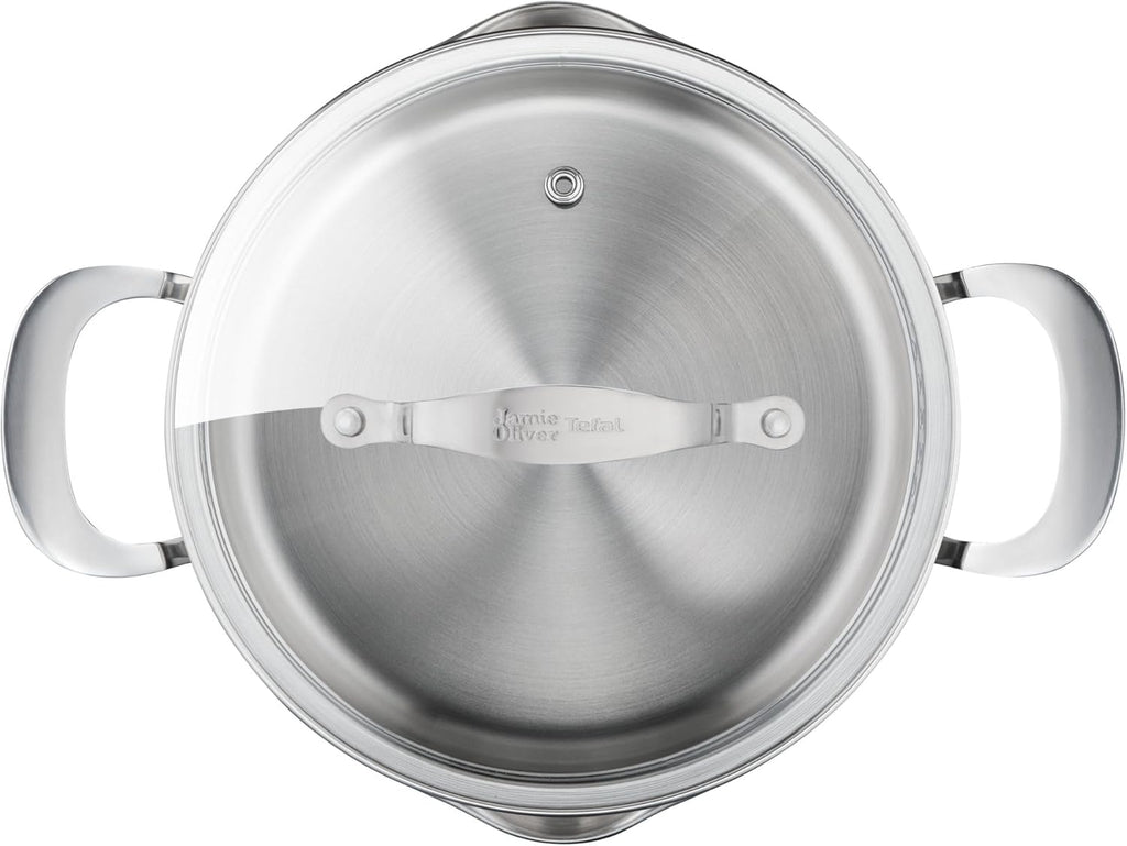 Jamie Oliver by T-fal Cook Smart 10-Piece Cookware Set, Uncoated Stainless Steel, Robust, Fast Heating, Even Cooking, Riveted Handle, Induction safe, Oven and dishwasher safe