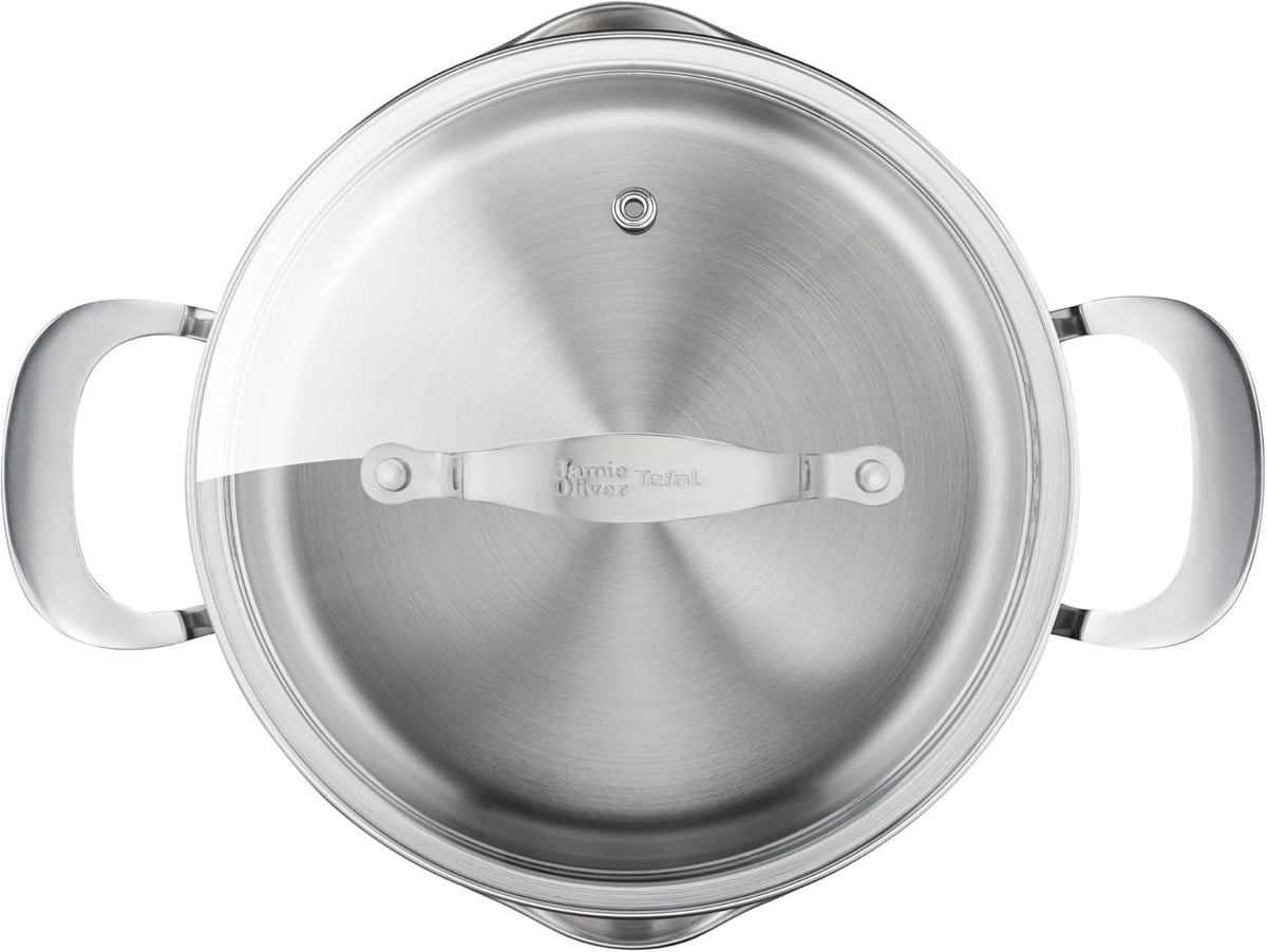 Jamie Oliver by T-fal Cook Smart 10-Piece Cookware Set, Uncoated Stainless Steel, Robust, Fast Heating, Even Cooking, Riveted Handle, Induction safe, Oven and dishwasher safe