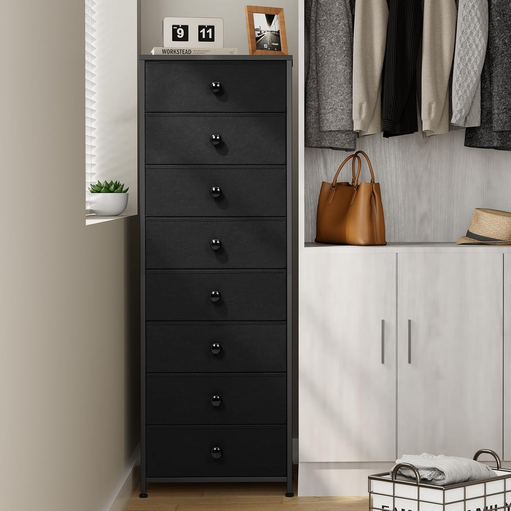 Crestlive Products Tall Dresser, 8-Drawer Fabirc Storage Tower, Chests of Drawers - Vertical Organizer Unit for Bedroom, Hallway, Entryway, Nursery, Closets - Steel Frame, Wood Top & Handles (Black)