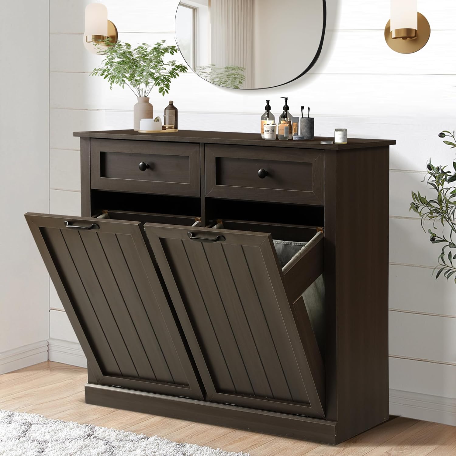 Double Tilt Out Laundry Hamper Cabinet, Modern Farmhouse Trash Can Cabinet w/2 Drawers, Wooden 22 Gallon Hidden Garbage Cabinets with 2 Laundry Storage Baskets for Kitchen and Bathroom (Grey)