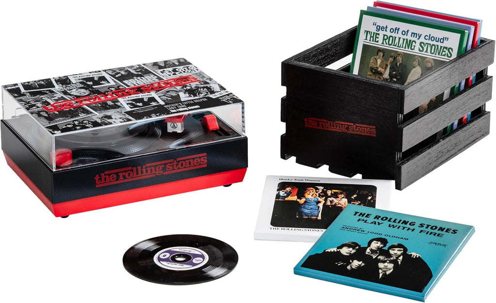 Crosley CR6037BT-RS Rolling Stones RSD3 Mini Turntable with Crate and Six 3-Inch Singles
