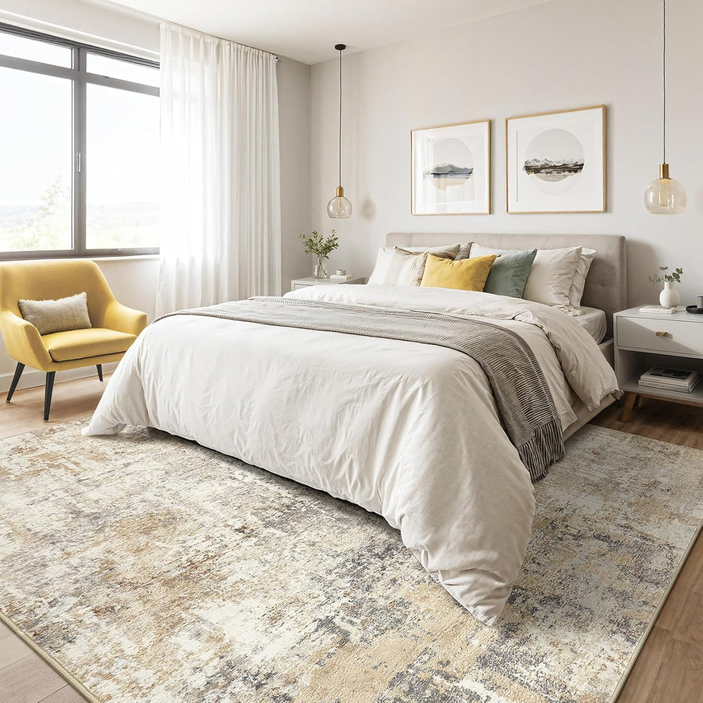 LOONGRUG 10x14 Area Rugs Living Room: Washable Large Abstract Modern Soft Rug Stain Resistant Indoor Floor Non Slip Accent Carpet for Bedroom Nursery Playroom Office Dining Room Dorm & Home- Gray Gold
