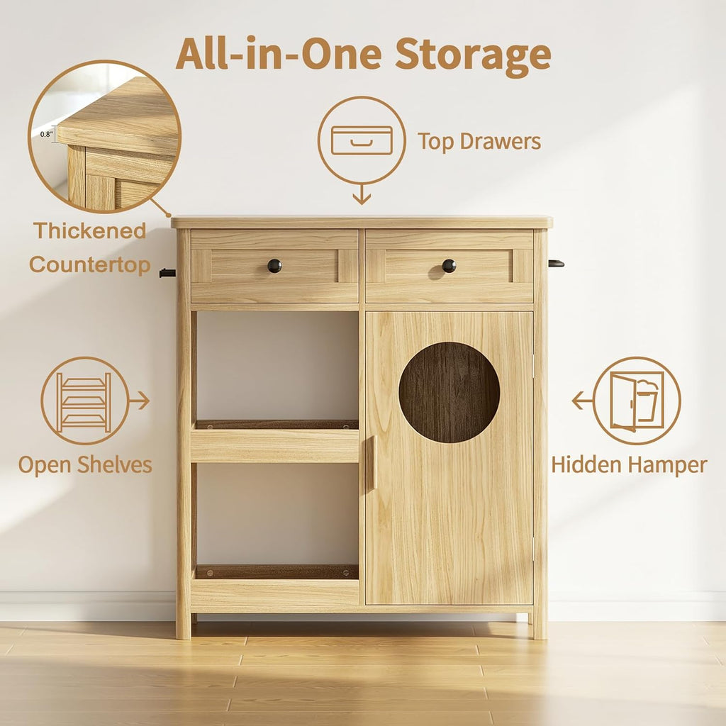Laundry Hamper Cabinet, Hidden Laundry Storage Cabinet with 2 Drawers & Shelves, Removable Baskets Laundry Hamper with Clothes-Toss Hole for Bathroom, Bedroom, Living Room,Oak