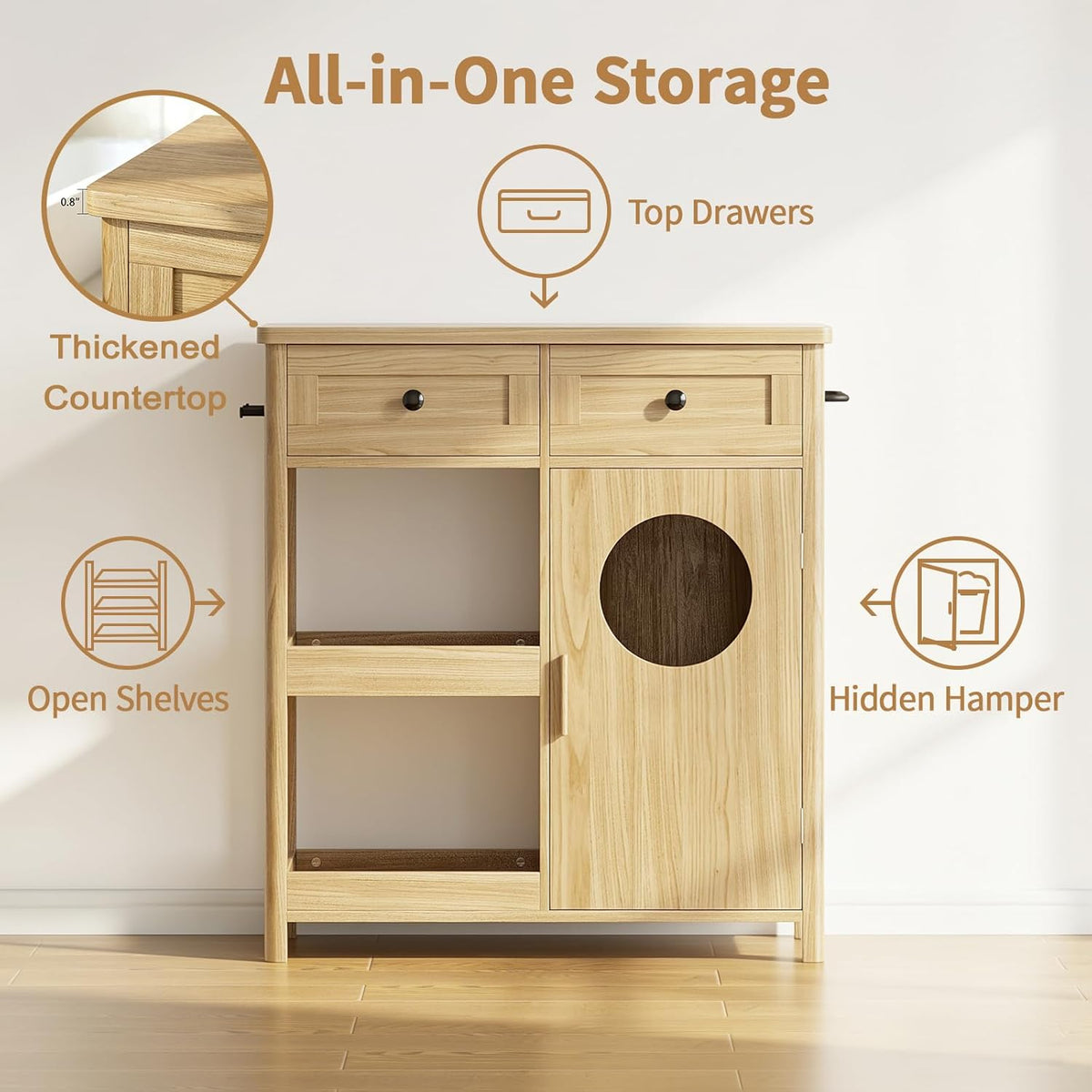 Laundry Hamper Cabinet, Hidden Laundry Storage Cabinet with 2 Drawers & Shelves, Removable Baskets Laundry Hamper with Clothes-Toss Hole for Bathroom, Bedroom, Living Room,Oak