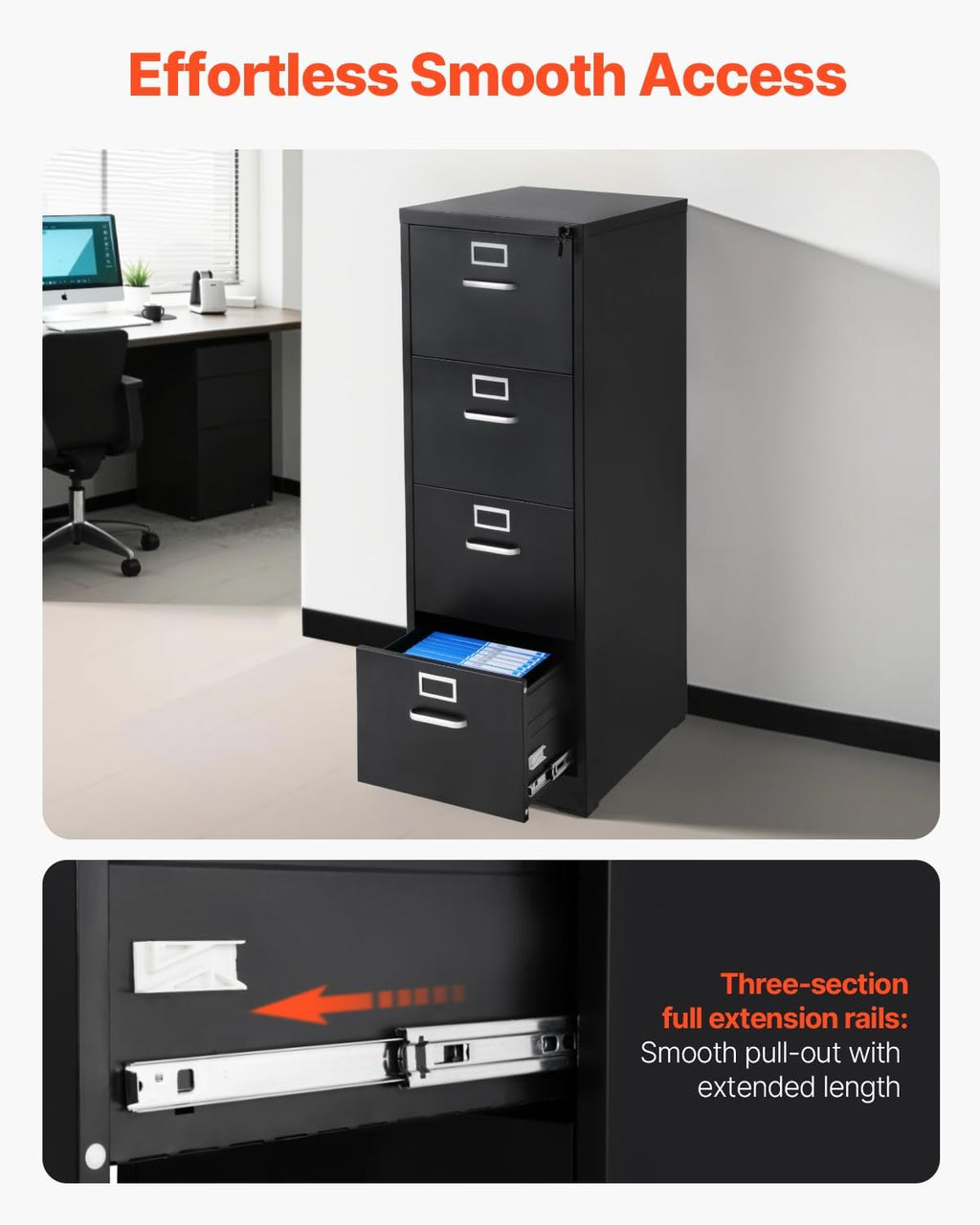VEVOR 4 Drawer File Cabinet with Lock, Metal Vertical Filing Storage Cabinets for Home Office, Heavy-Duty Cabinet with Detachable Hanging Rod, for A4/Letter/Legal Size File, Easy Assembly (Black)