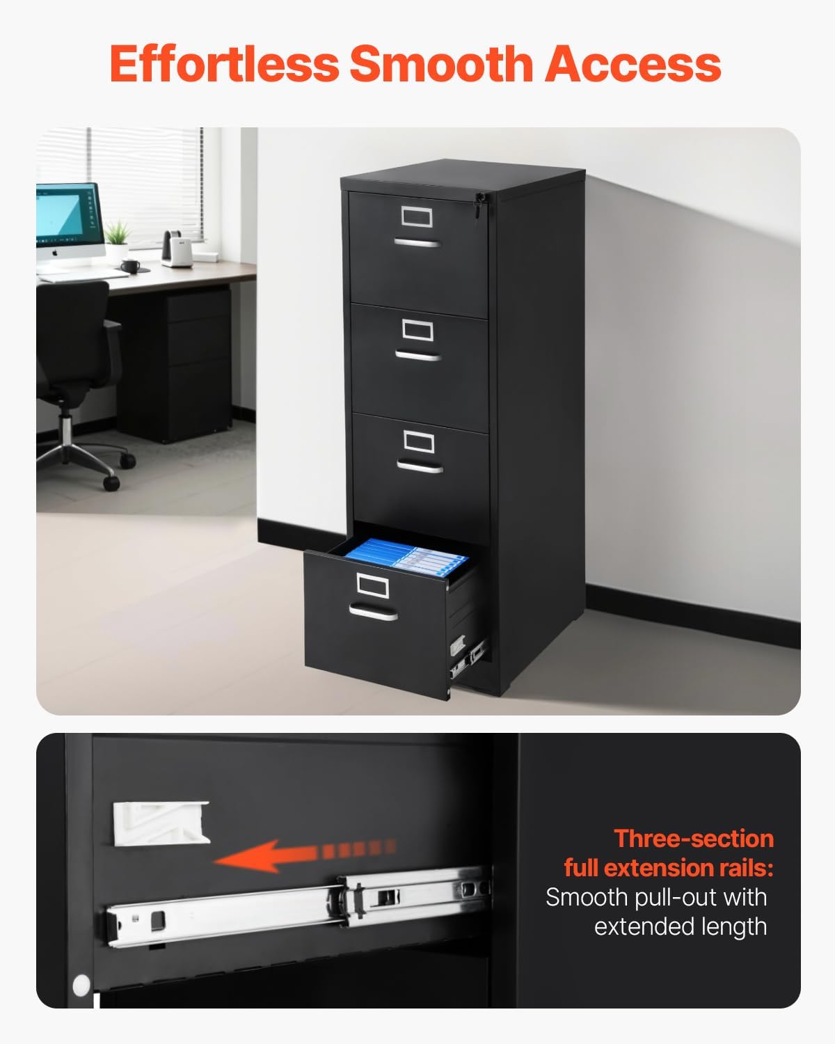 VEVOR 4 Drawer File Cabinet with Lock, Metal Vertical Filing Storage Cabinets for Home Office, Heavy-Duty Cabinet with Detachable Hanging Rod, for A4/Letter/Legal Size File, Easy Assembly (Black)