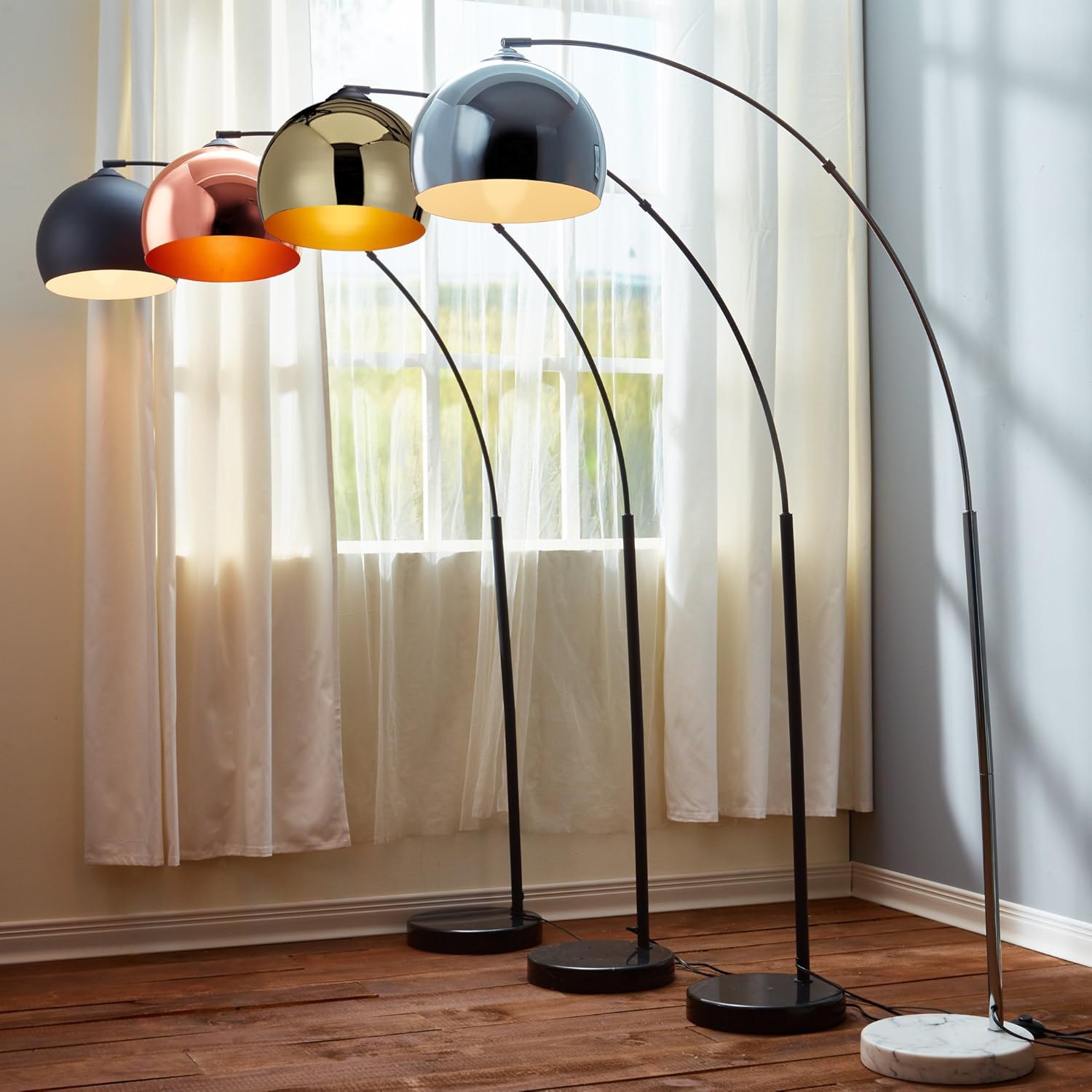 Teamson Home Arquer 66.93" Arc Floor Lamp for Living Rooms, Home Offices, Dining Rooms, Bedrooms with Faux Black Marble Base and Rose Gold Bell Shade