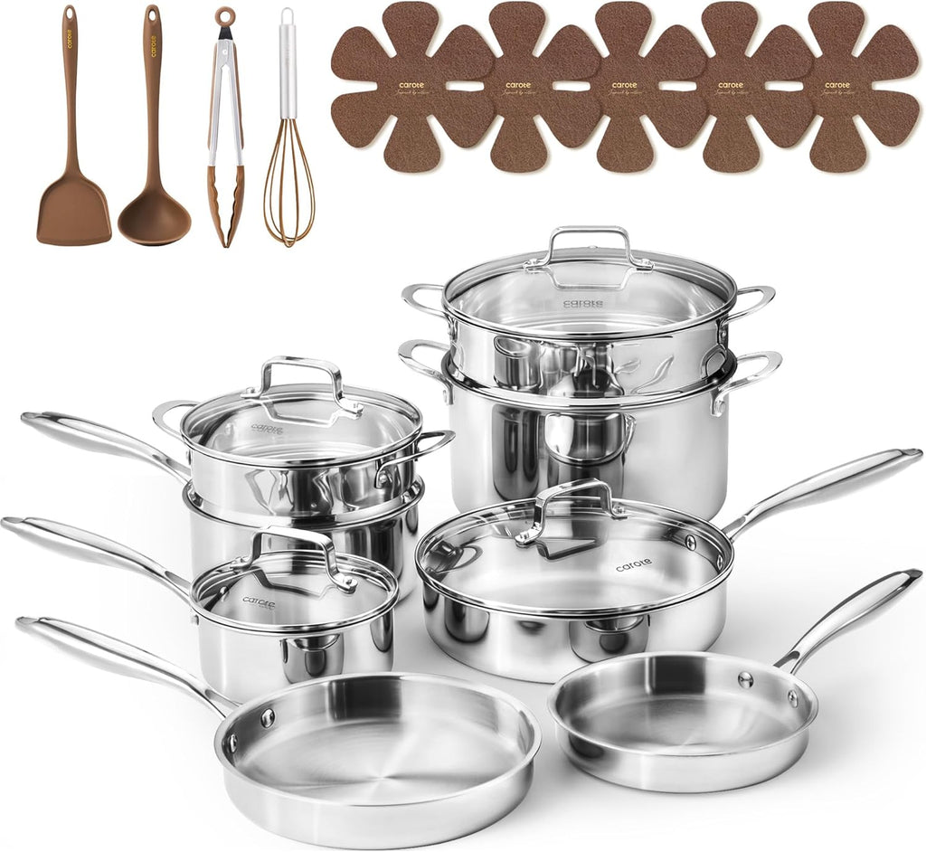 CAROTE 21pcs Tri-Ply Stainless Steel Cookware Set, Pots and Pans Set, Non Toxic Induction Kitchen Cooking Sets, Cookware Collection, Mirror Polish, Silver, Mothers Day Gifts