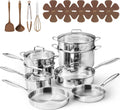 CAROTE 21pcs Tri-Ply Stainless Steel Cookware Set, Pots and Pans Set, Non Toxic Induction Kitchen Cooking Sets, Cookware Collection, Mirror Polish, Silver, Mothers Day Gifts