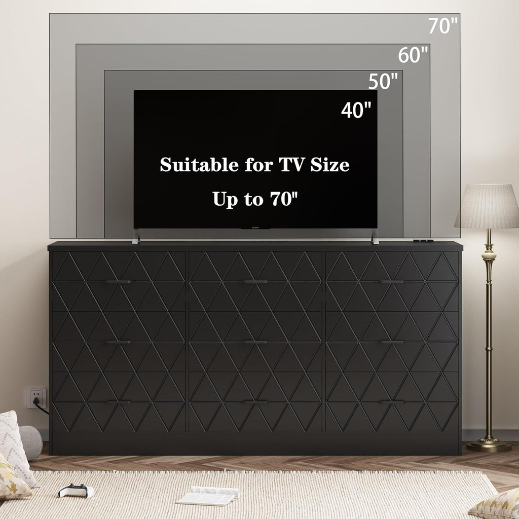 GAOMON 63'' Large Dresser for Bedroom with Power Outlet, 9 Drawers Dresser for Bedroom, Modern Chest of Drawers for Closet, Storage Organizer for Living Room, Hallway, Black
