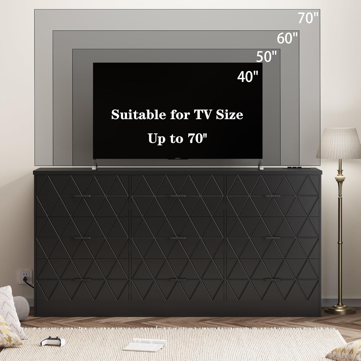 GAOMON 63'' Large Dresser for Bedroom with Power Outlet, 9 Drawers Dresser for Bedroom, Modern Chest of Drawers for Closet, Storage Organizer for Living Room, Hallway, Black