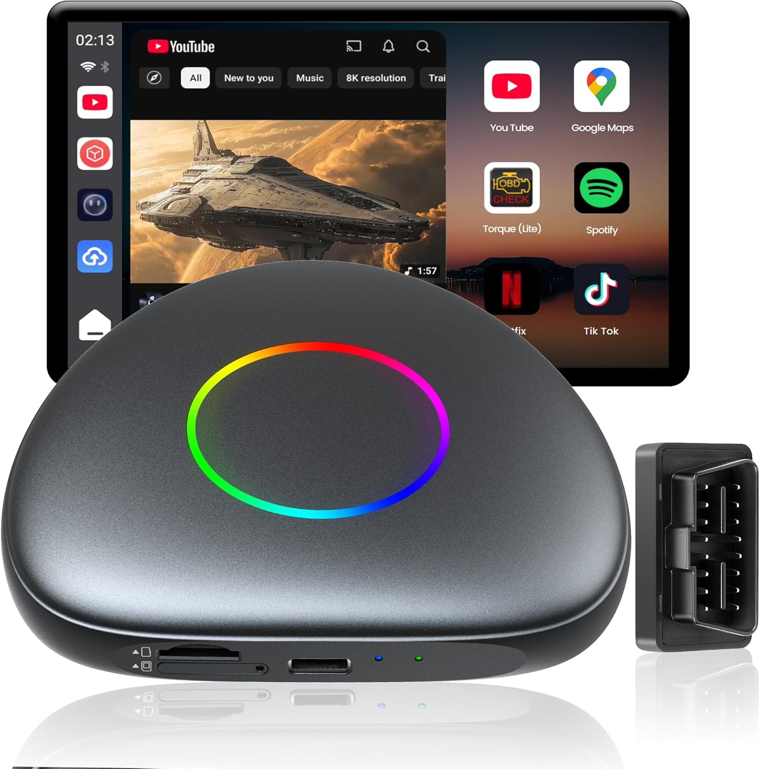 Magic Box - Wireless Carplay/Android Auto/Android AI Box 8GB+128GB, Car Video Box for YouTube, Spotify, Prime Video with Built-in 4G/ WiFi/Dual Bluetooth, OTA, GPS, microSD, OBD II, CB6D