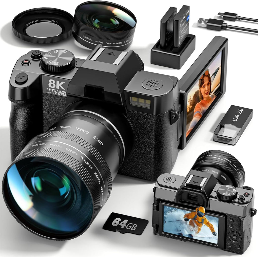 G-Anica 8K 64MP Digital Camera for Photography with Dual-Lens, WiFi Vlogging Point and Shoot Camera Kit with 180 Flip Screen, 16X Zoom, 64GB Card, Portable Camera for Beginners, Teens, 2 Batteries