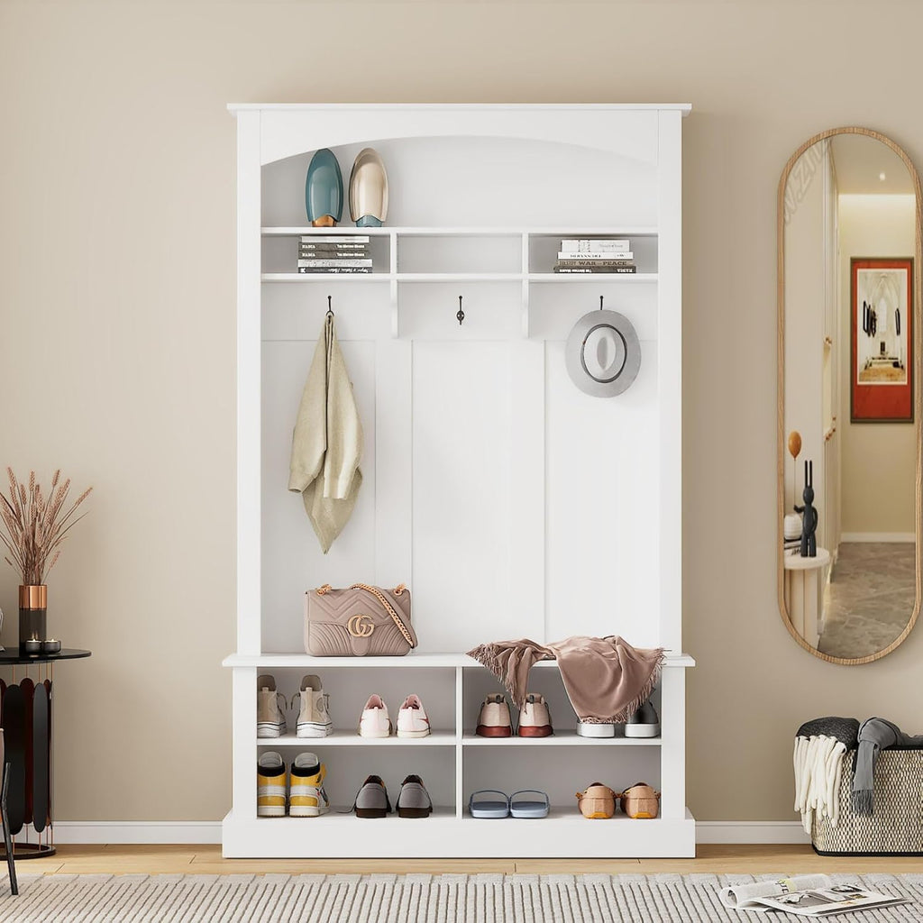 Hall Tree with Bench Shoe Storage Entryway Coat Rack 47.2'' Wide Multi-Functional 3 Hanging Hooks Open Space Rectangle Shelves Farmhouse Boho Furniture Organizer Hallway