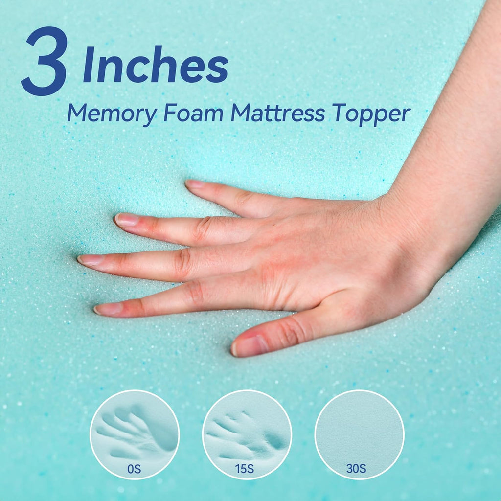 3 Inch Gel Memory Foam Mattress Topper Queen Size for Back Pain, Cooling Mattress Pad Bed Topper with Removable and Washable Bamboo Cover, CertiPUR-US & Oeko-Tex Certified – White