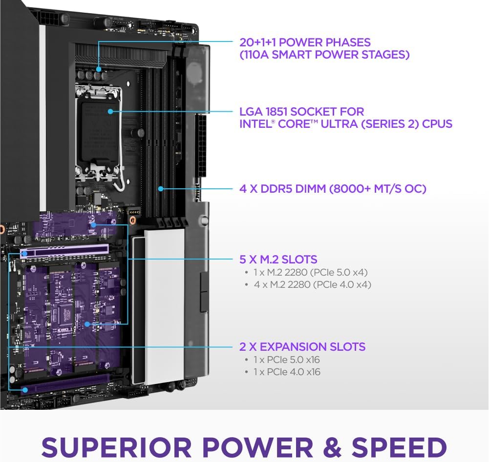 NZXT N9 Z890 - Intel Z890 LGA 1851 ATX Gaming Motherboard for Core Ultra (Series 2) - 20+1+1, DDR5, 5X M.2, PCIe 5.0, Wi-Fi 7, 5GbE, Thunderbolt 4 - RGB, Full-Metal Cover - Black