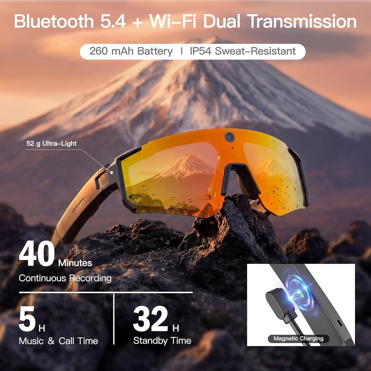 Sport AI Smart Glasses with Camera and EIS Stabilization, Bluetooth 8MP HD Camera 1200P Video Recording, AI Voice Assistant Photo Recognition, Real-Time Translation, Polarized Lenses Sunglasses