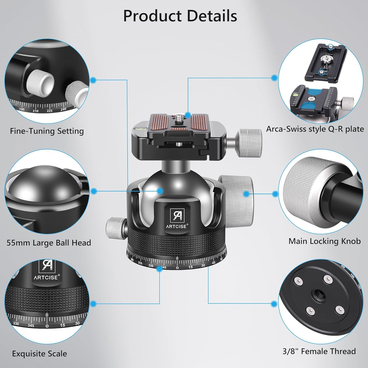 55mm Low Profile Ball Head Tripod Ball Head ARTCISE KB55 Heavy Duty Tripod Head All Metal CNC Machining with Three 1/4" Quick Release Plates for Tripod, Monopod, DSLR, Camcorder, Max Load 88lbs /40kg